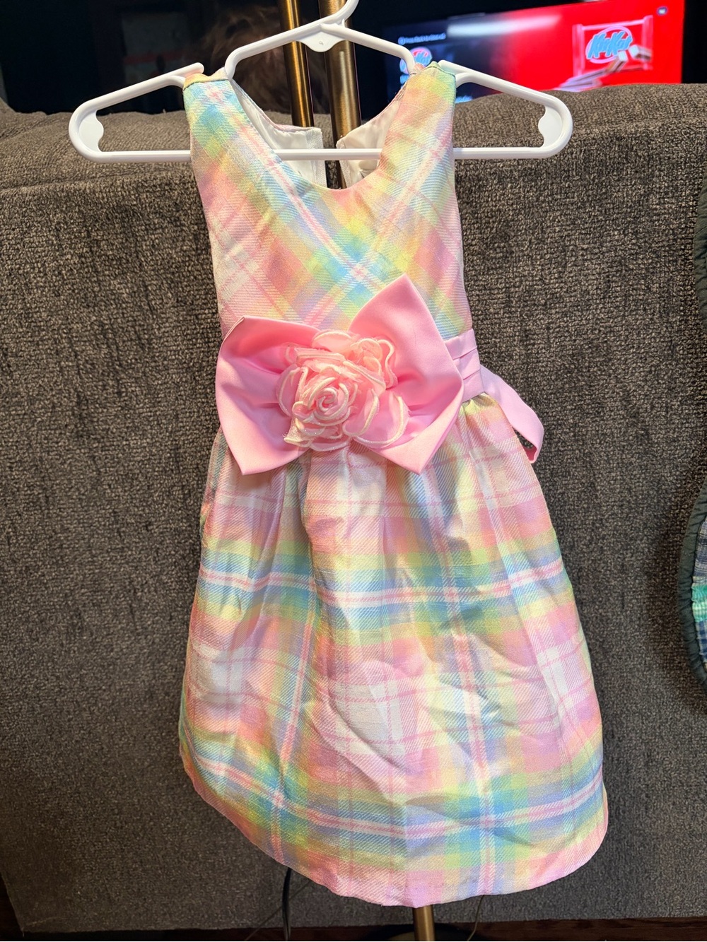 Rare Editions Pastel Plaid Dress with Pink Satin Bow
